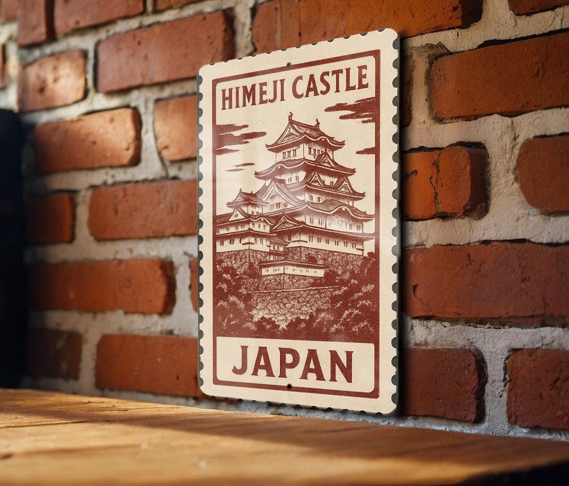 Himeji Castle Japan Metal Sign – Vintage Stamp Style Wall Art, Japanese Landmark Decor, Aluminum Plaque — photo 2