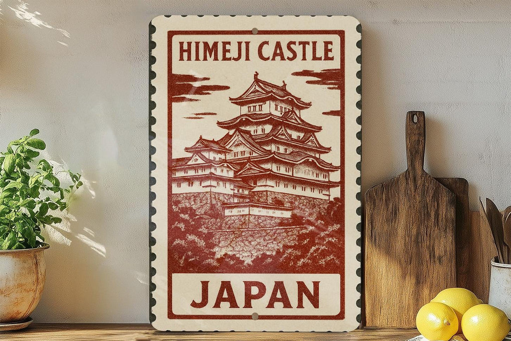 Himeji Castle Japan Metal Sign – Vintage Stamp Style Wall Art, Japanese Landmark Decor, Aluminum Plaque — photo 3