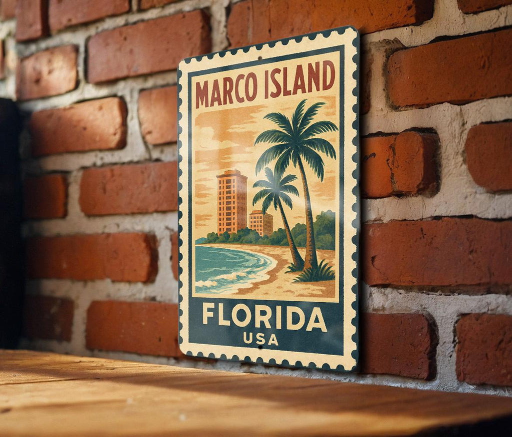 Marco Island Florida Metal Sign – Vintage Stamp Style Wall Art, Rustic Beach Home Decor, USA Travel Souvenir Plaque — photo 2