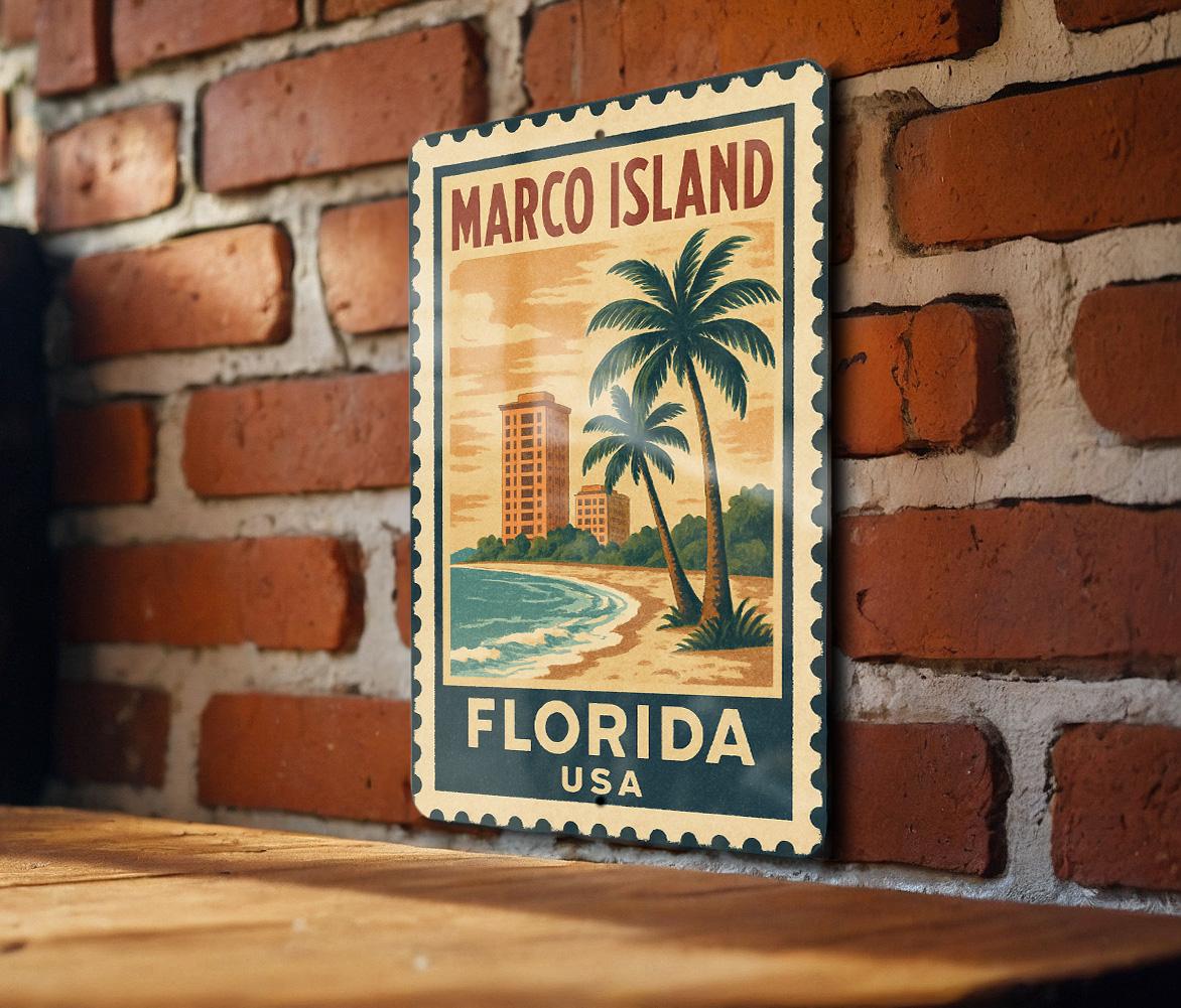 Marco Island Florida Metal Sign – Vintage Stamp Style Wall Art, Rustic Beach Home Decor, USA Travel Souvenir Plaque — photo 2