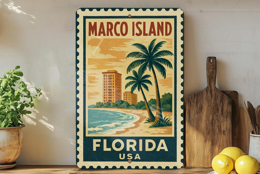Marco Island Florida Metal Sign – Vintage Stamp Style Wall Art, Rustic Beach Home Decor, USA Travel Souvenir Plaque — photo 3