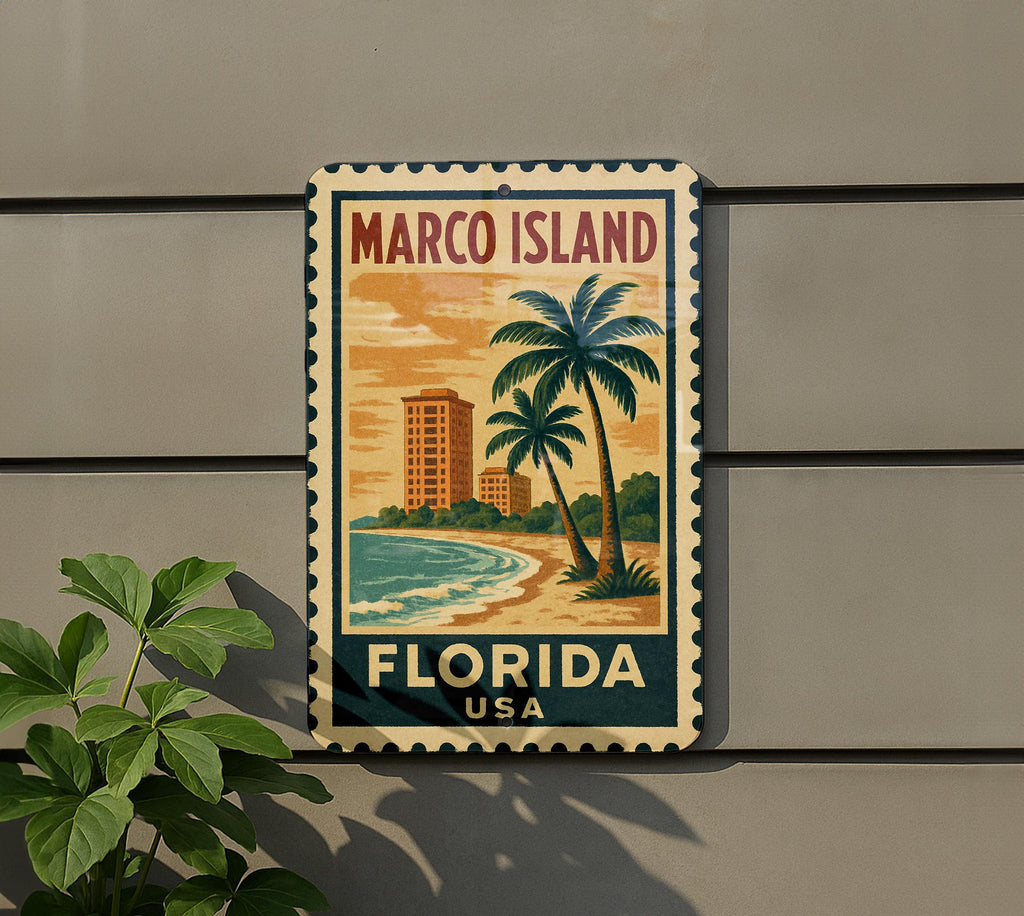 Marco Island Florida Metal Sign – Vintage Stamp Style Wall Art, Rustic Beach Home Decor, USA Travel Souvenir Plaque — photo 5