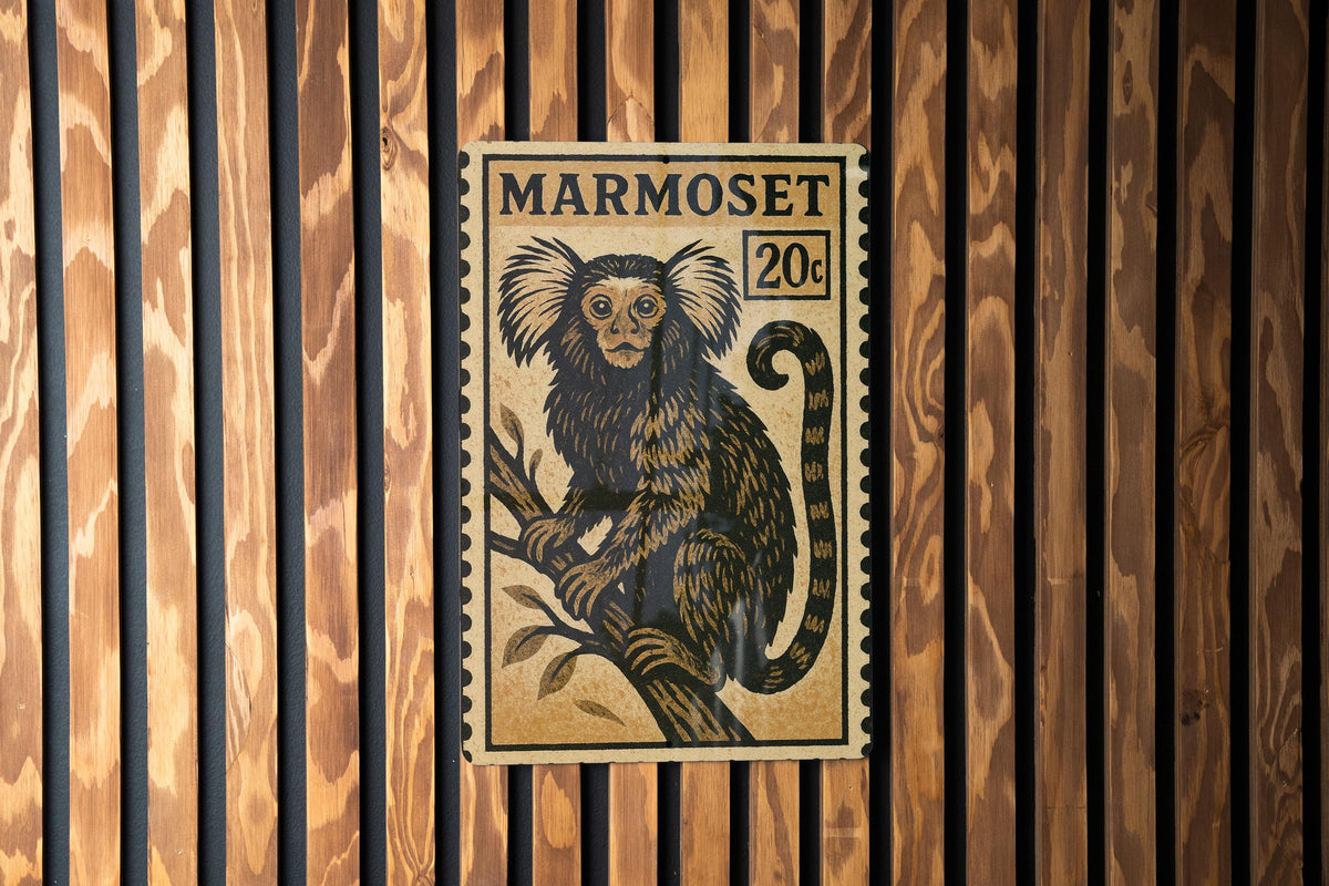 Marmoset Stamp Style Metal Sign – Vintage Wall Art, Retro Animal Decor, Primate Tin Sign for Home or Cabin — photo 3