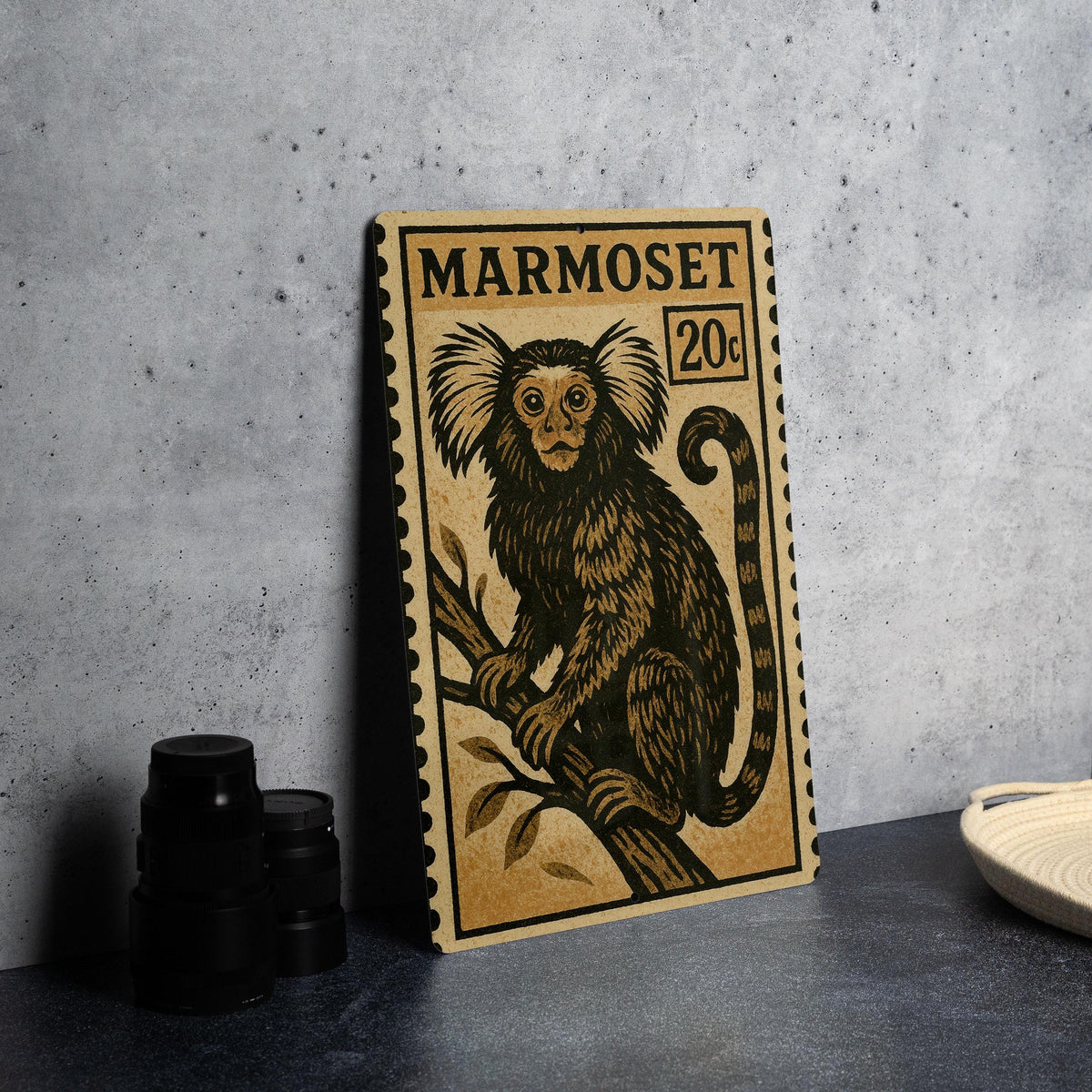 Marmoset Stamp Style Metal Sign – Vintage Wall Art, Retro Animal Decor, Primate Tin Sign for Home or Cabin — photo 4