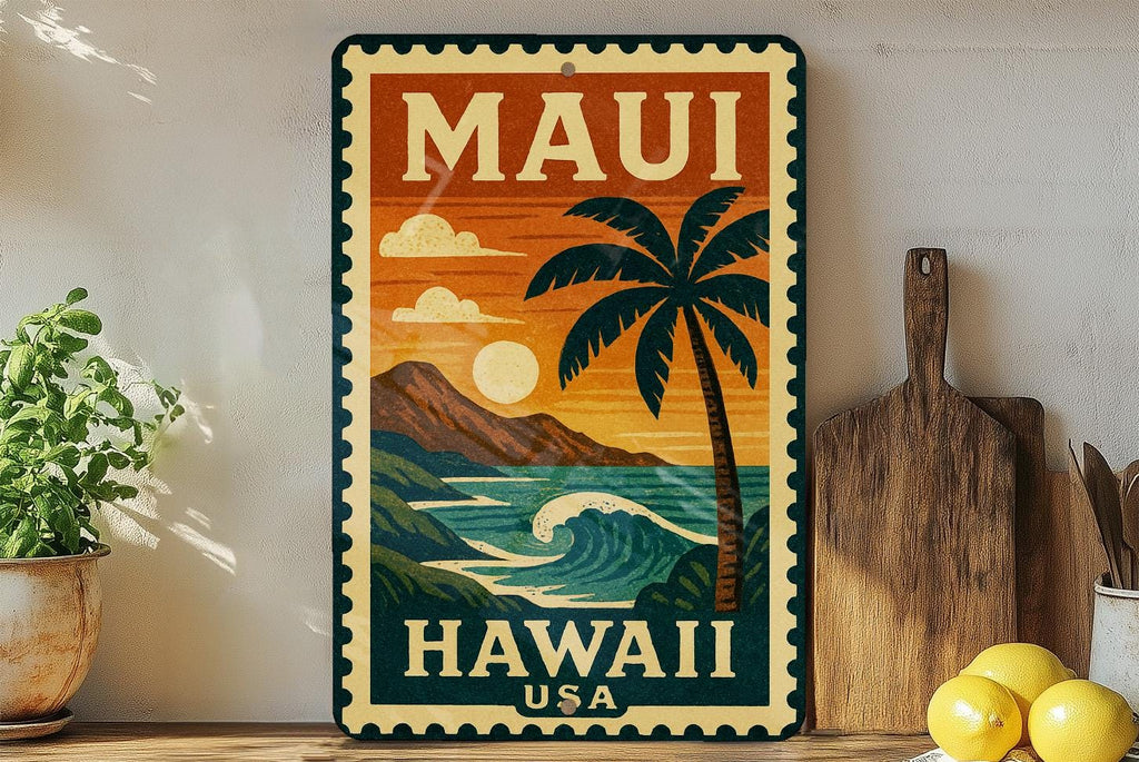 Maui Hawaii Stamp Style Metal Sign – Vintage Travel Wall Art, Tropical USA Souvenir Decor for Home or Office — photo 1