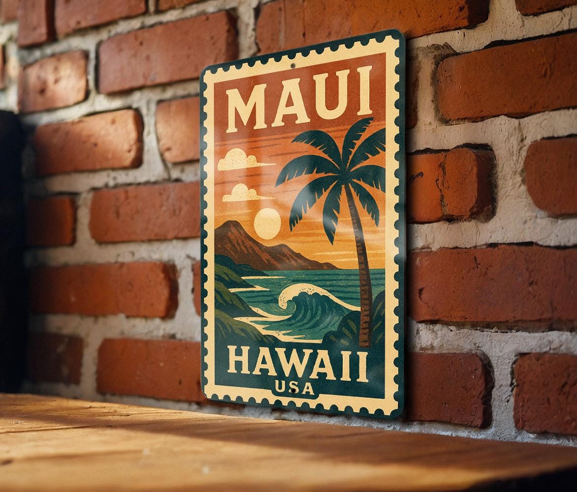 Maui Hawaii Stamp Style Metal Sign – Vintage Travel Wall Art, Tropical USA Souvenir Decor for Home or Office — photo 2