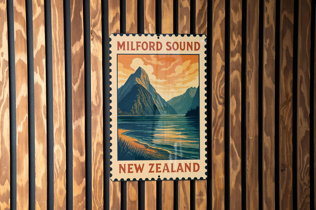 Milford Sound New Zealand Metal Sign – Vintage Travel Poster Style Wall Art, Retro Stamp Design Home Decor Plaque — photo 1