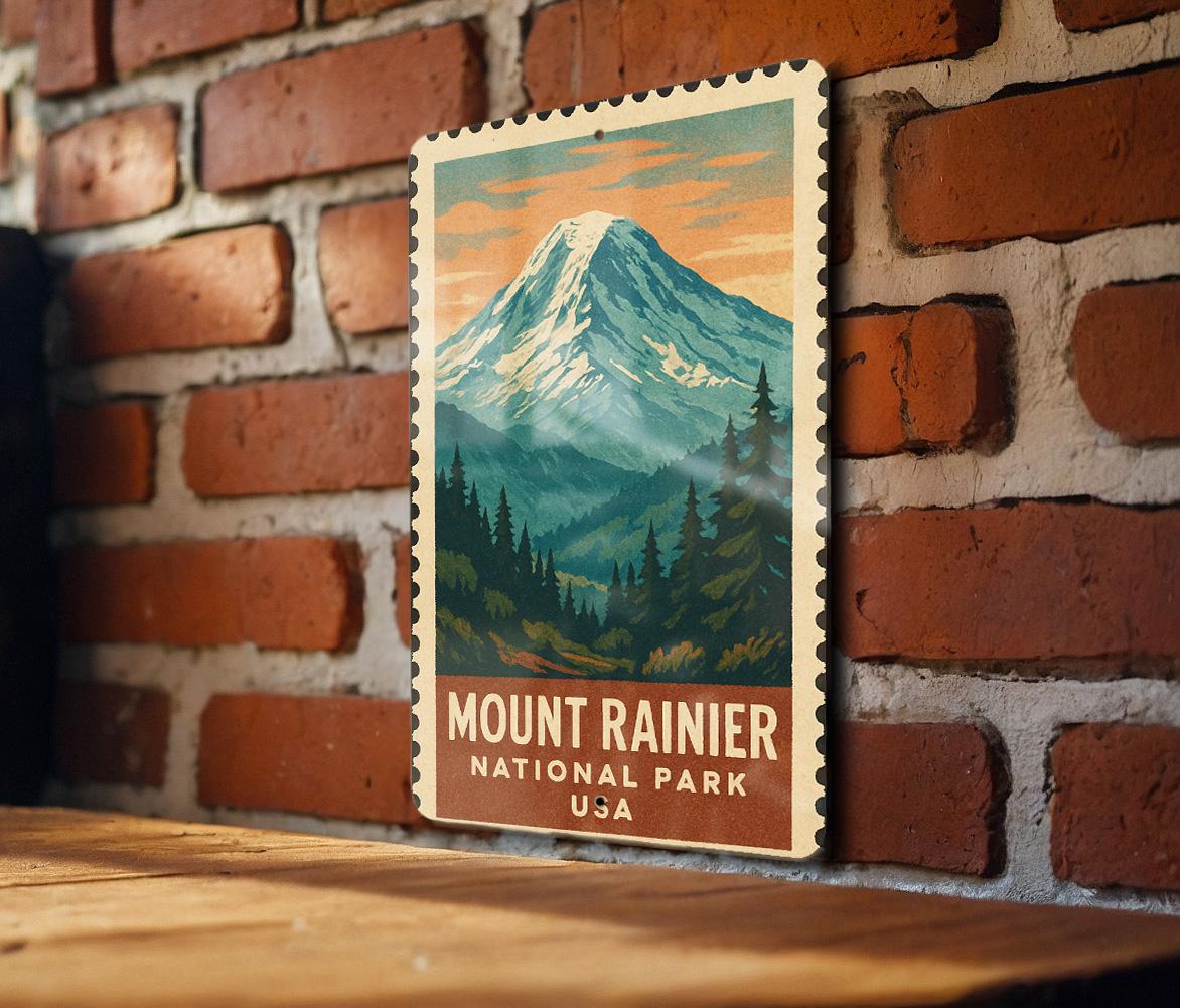 Mount Rainier National Park Metal Sign – Vintage Stamp Style Wall Art, Rustic Outdoor Decor, National Parks Collectible — photo 1