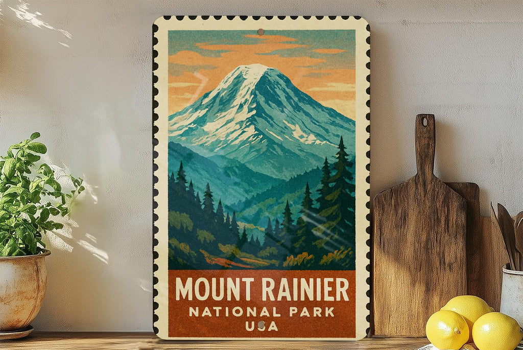 Mount Rainier National Park Metal Sign – Vintage Stamp Style Wall Art, Rustic Outdoor Decor, National Parks Collectible — photo 3