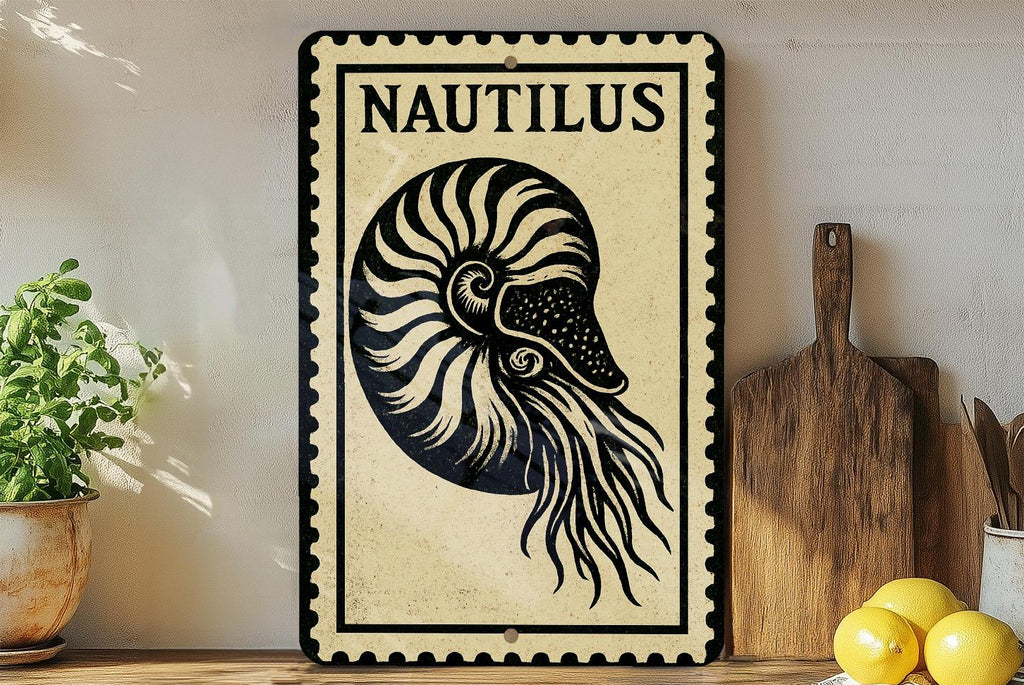 Nautilus Metal Sign  – Vintage Stamp Style Ocean Wall Art, Nautical Decor, Sea Life Rustic Metal Artwork — photo 1