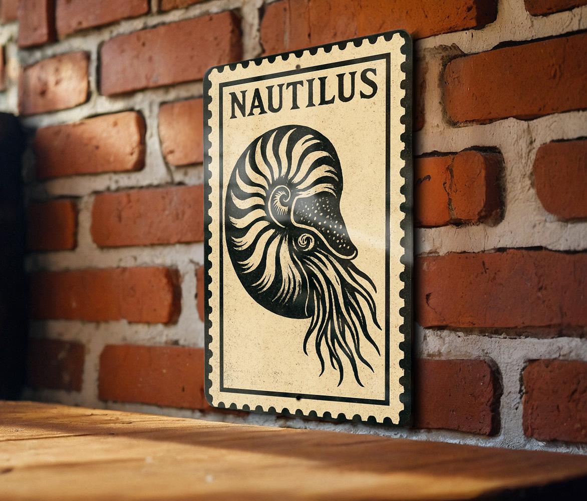 Nautilus Metal Sign  – Vintage Stamp Style Ocean Wall Art, Nautical Decor, Sea Life Rustic Metal Artwork — photo 3
