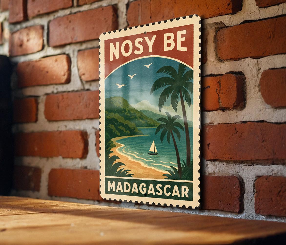 Nosy Be Madagascar Metal Sign – Vintage Travel Stamp Style Wall Art, Tropical Island Decor, Aluminum Plaque — photo 1