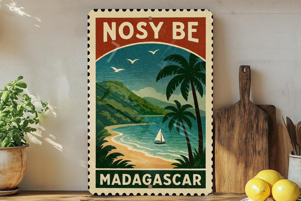 Nosy Be Madagascar Metal Sign – Vintage Travel Stamp Style Wall Art, Tropical Island Decor, Aluminum Plaque — photo 2