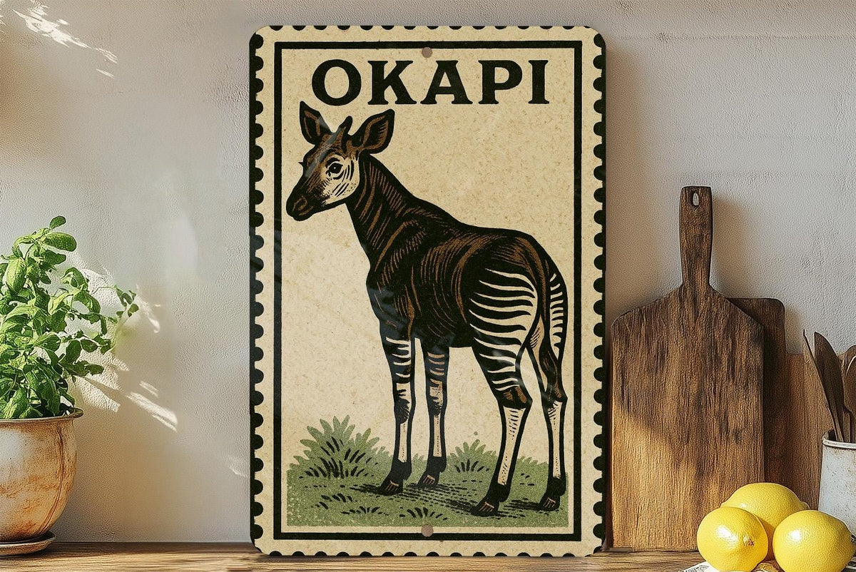 Okapi Stamp Art Metal Sign – Vintage Style Wall Decor, Wildlife Animal Poster Print, Rustic Farmhouse Home Signage — photo 1
