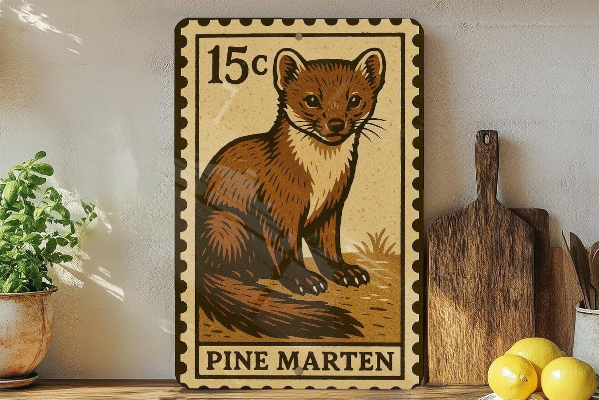 Pine Marten Metal Sign – Vintage Stamp Style Wall Art, Wildlife Decor for Cabin, Rustic Lodge or Nature Lovers — photo 1