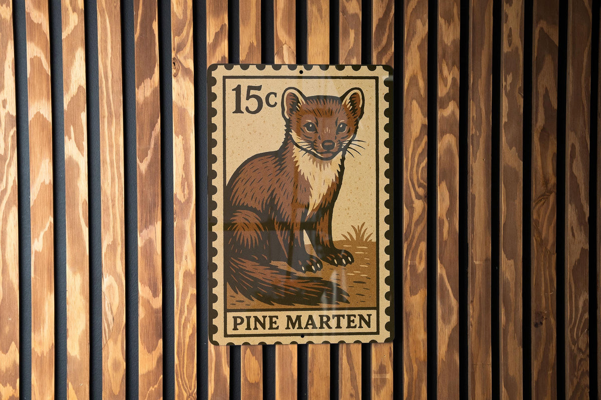 Pine Marten Metal Sign – Vintage Stamp Style Wall Art, Wildlife Decor for Cabin, Rustic Lodge or Nature Lovers — photo 3