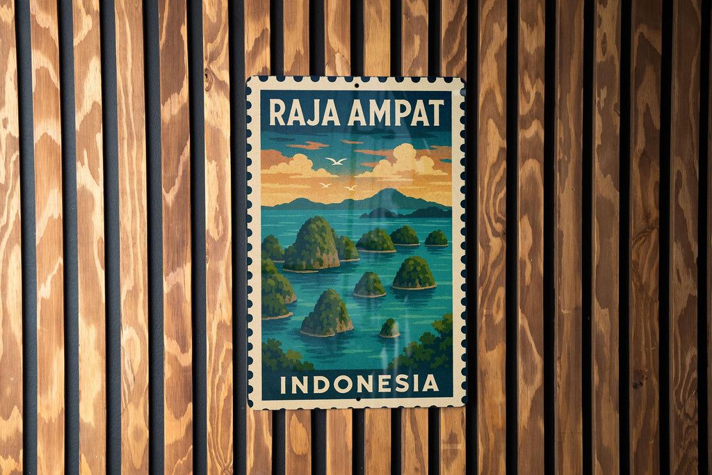 Raja Ampat Indonesia Metal Sign – Vintage Stamp Style Wall Art, Tropical Travel Decor, Tin Sign for Home or Office — photo 1