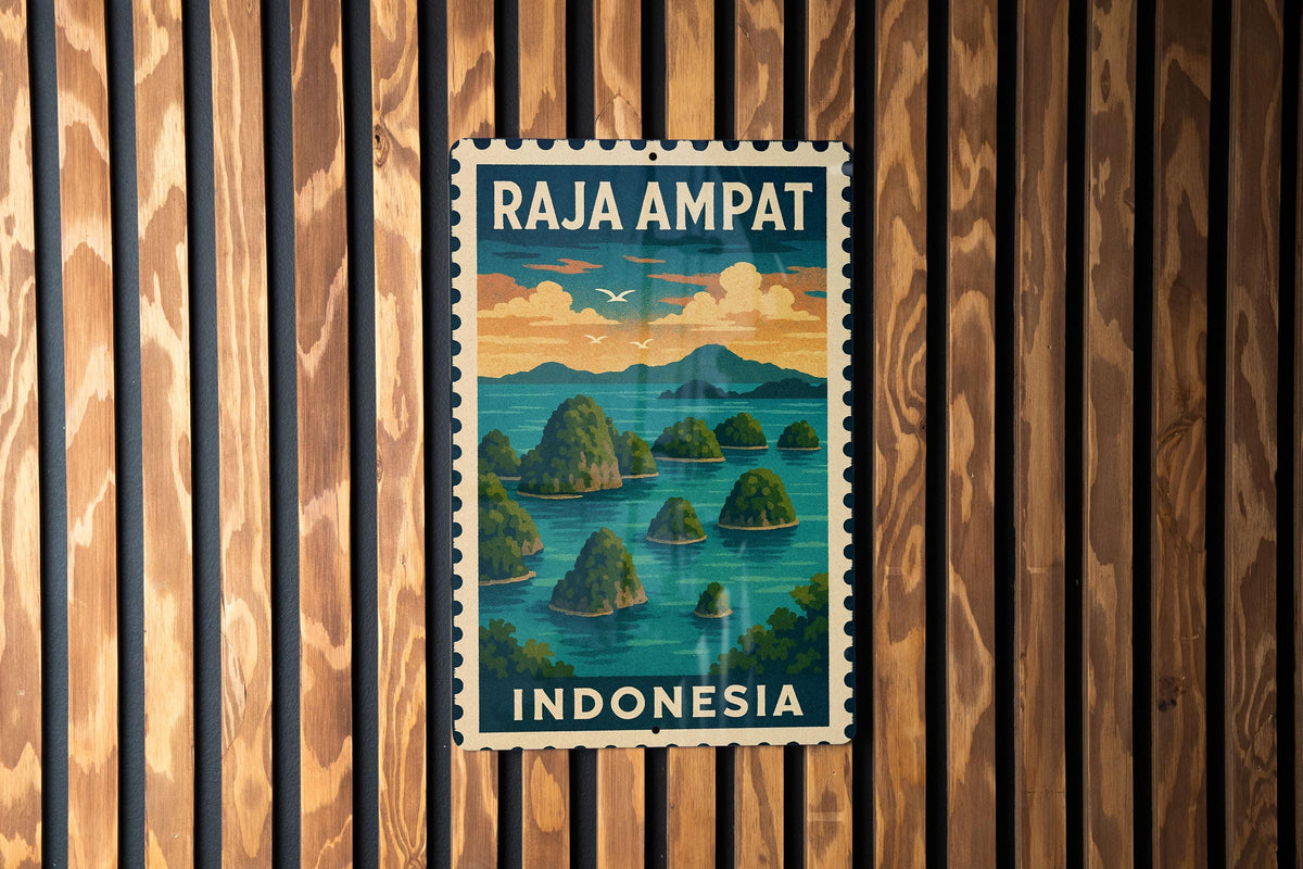 Raja Ampat Indonesia Metal Sign – Vintage Stamp Style Wall Art, Tropical Travel Decor, Tin Sign for Home or Office — photo 1