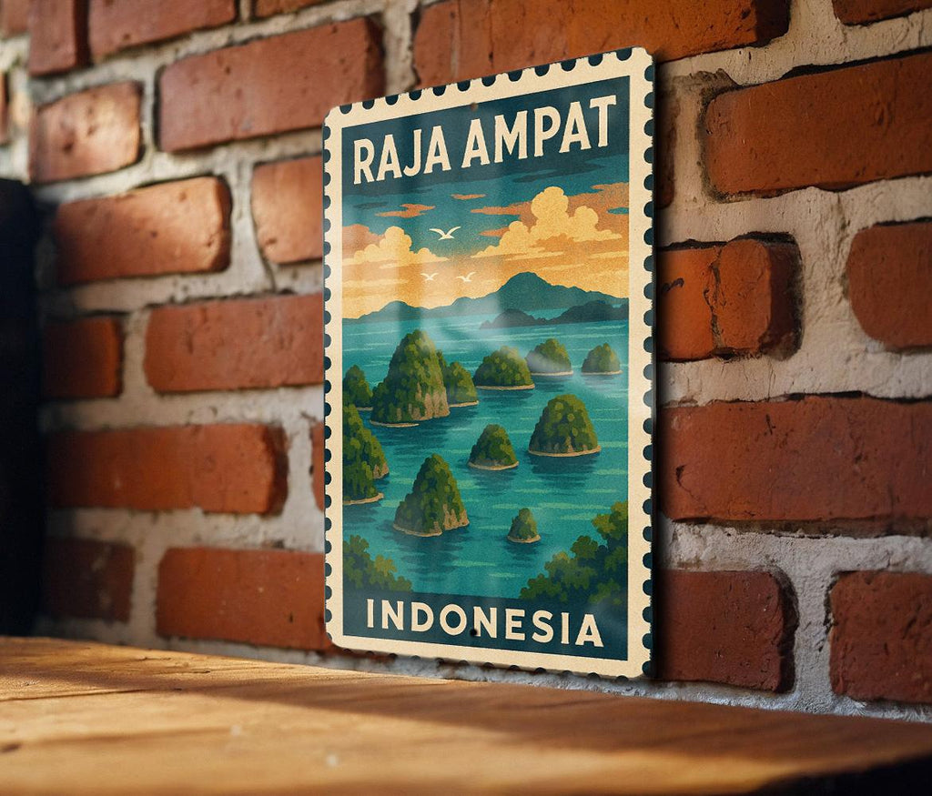 Raja Ampat Indonesia Metal Sign – Vintage Stamp Style Wall Art, Tropical Travel Decor, Tin Sign for Home or Office — photo 2