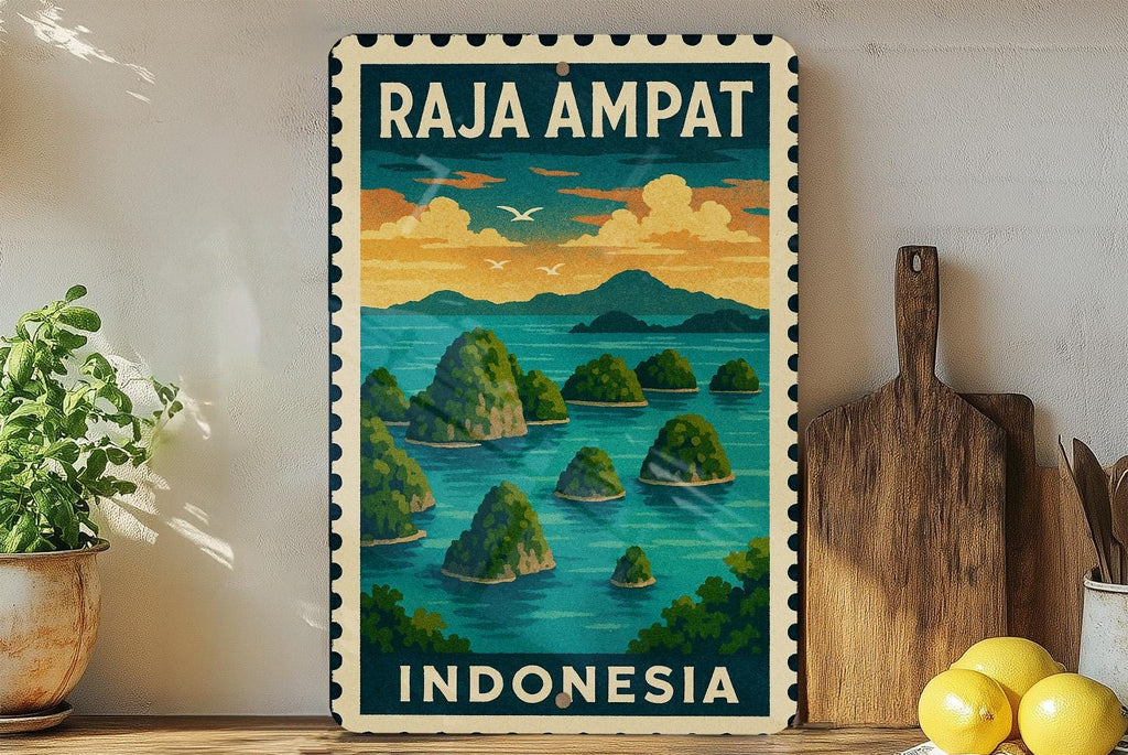 Raja Ampat Indonesia Metal Sign – Vintage Stamp Style Wall Art, Tropical Travel Decor, Tin Sign for Home or Office — photo 3