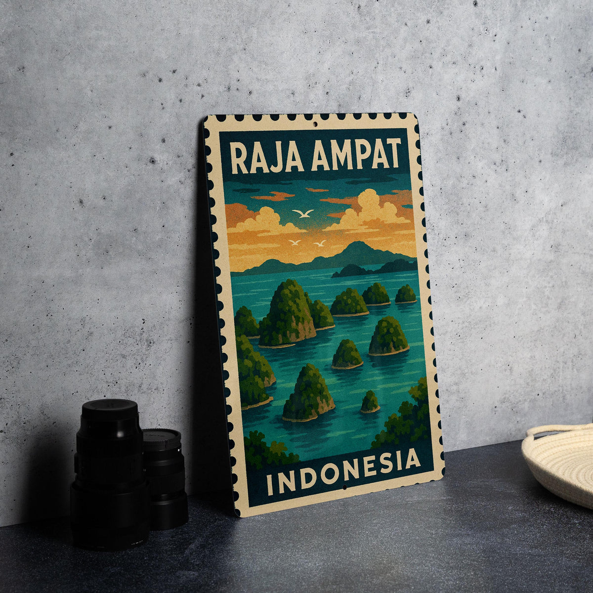 Raja Ampat Indonesia Metal Sign – Vintage Stamp Style Wall Art, Tropical Travel Decor, Tin Sign for Home or Office — photo 4