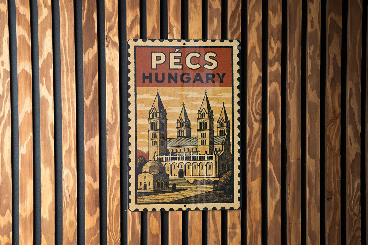 Pécs Hungary Stamp Style Metal Sign – Vintage Travel Poster Art,  Rustic Wall Decor for Home or Office — photo 2