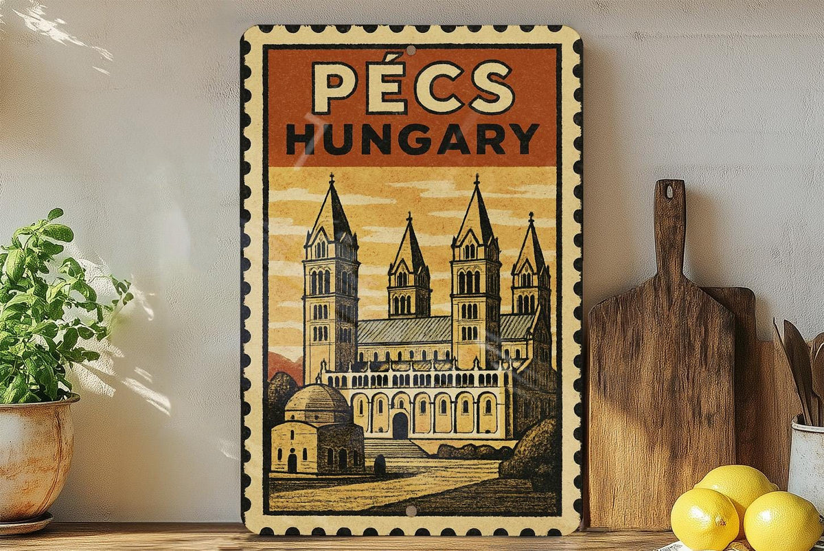 Pécs Hungary Stamp Style Metal Sign – Vintage Travel Poster Art,  Rustic Wall Decor for Home or Office — photo 3