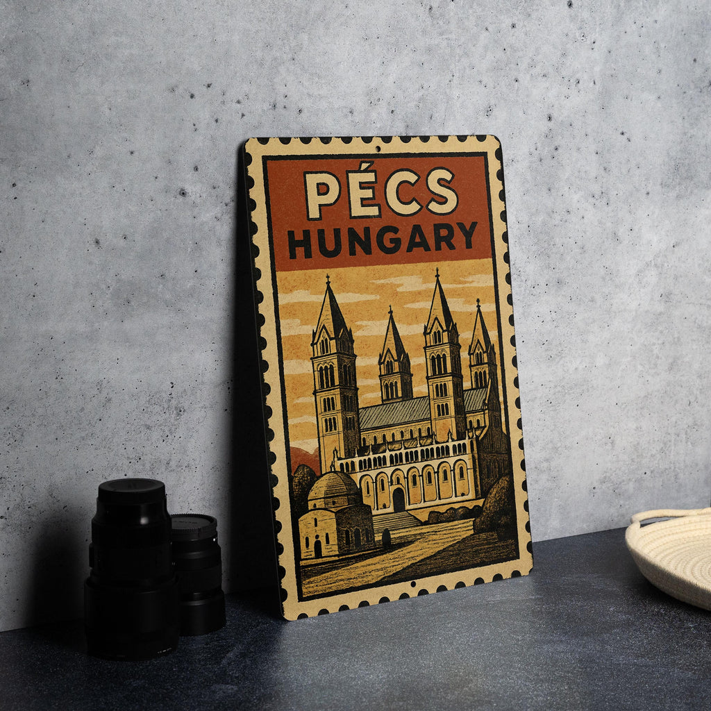 Pécs Hungary Stamp Style Metal Sign – Vintage Travel Poster Art,  Rustic Wall Decor for Home or Office — photo 4