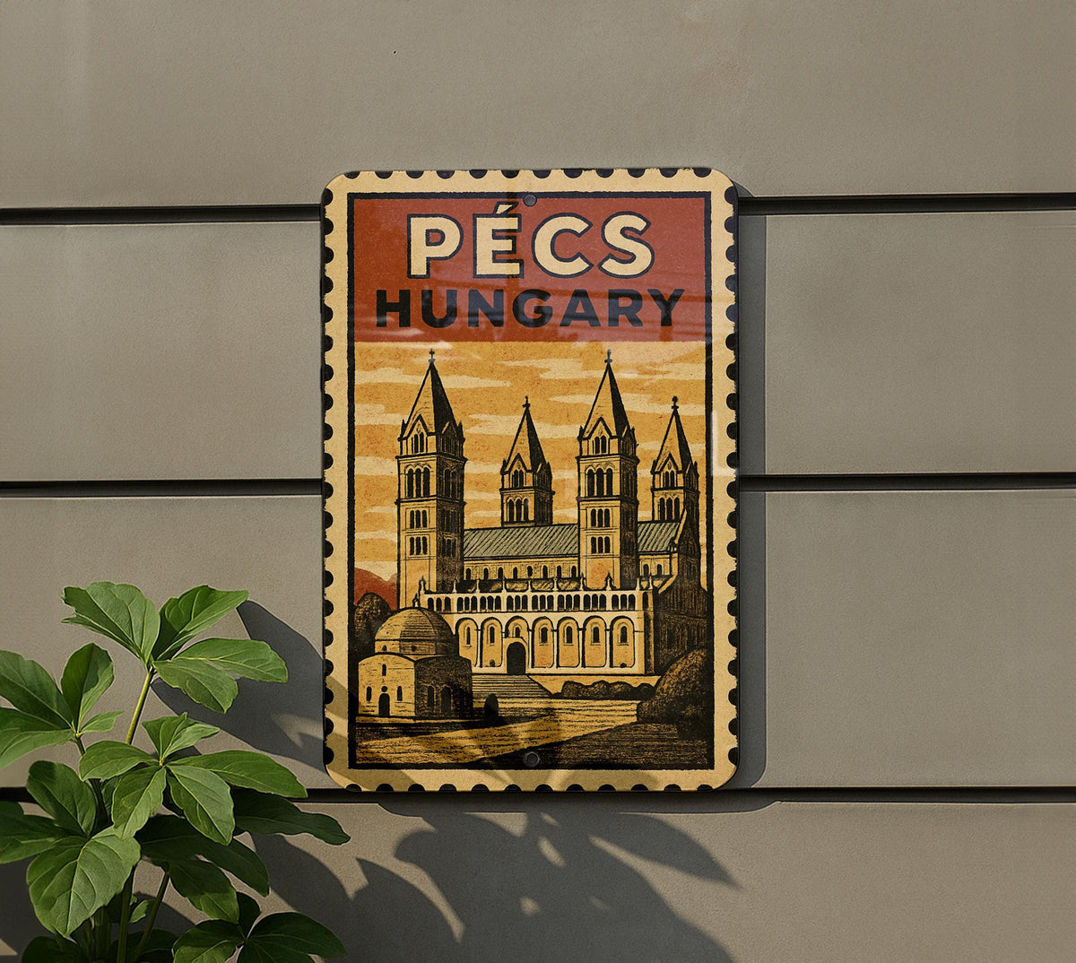 Pécs Hungary Stamp Style Metal Sign – Vintage Travel Poster Art,  Rustic Wall Decor for Home or Office — photo 5