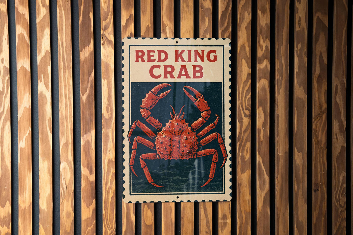 Red King Crab Stamp Art Metal Sign – Vertical Nautical Wall Decor for Kitchen, Bar, Beach House, Coastal Seafood Lovers — photo 3