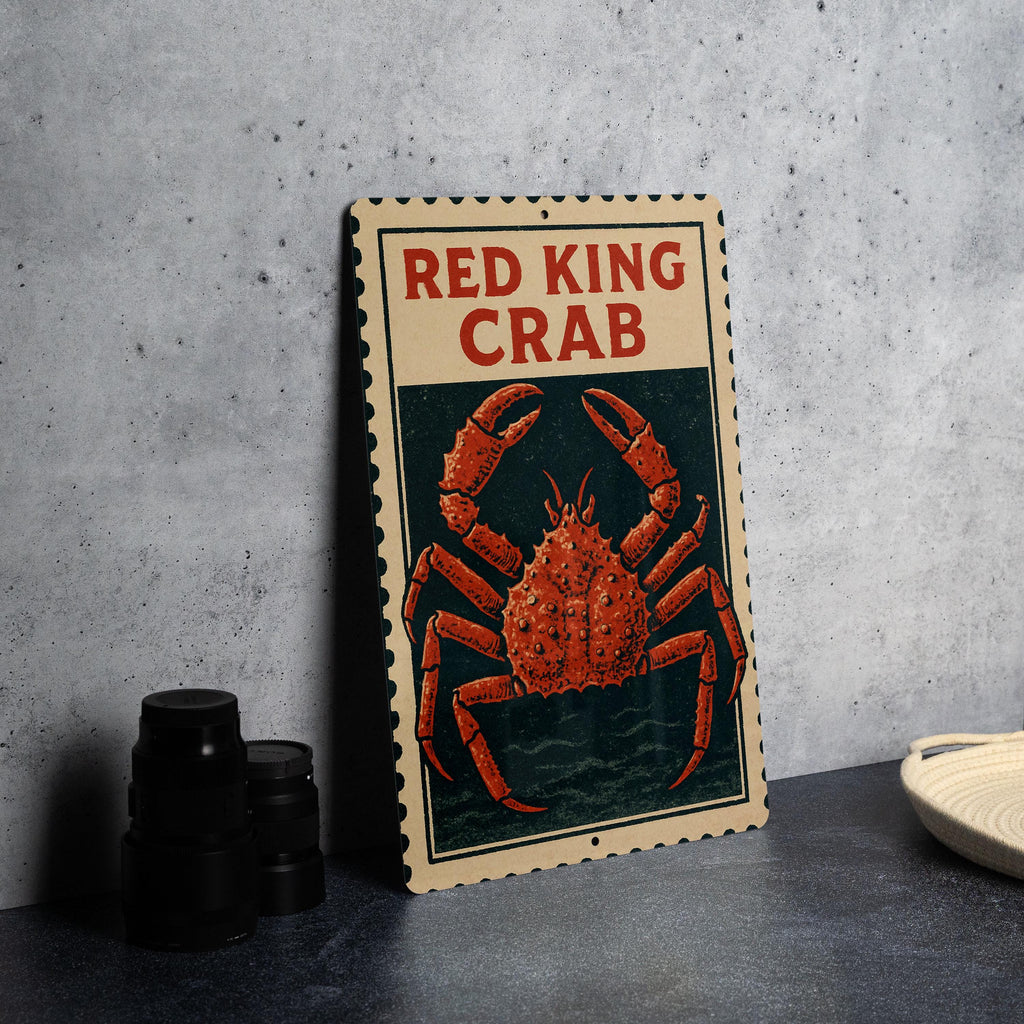 Red King Crab Stamp Art Metal Sign – Vertical Nautical Wall Decor for Kitchen, Bar, Beach House, Coastal Seafood Lovers — photo 4