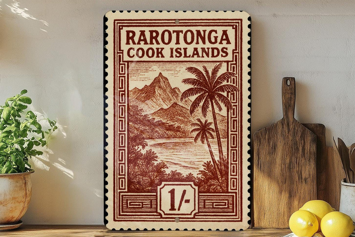 Rarotonga Cook Islands Stamp Art Metal Sign – Vintage Travel Poster Style Wall Decor for Home or Office — photo 1