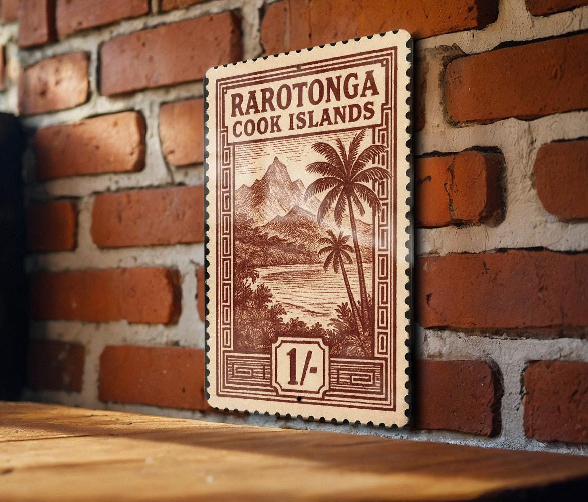 Rarotonga Cook Islands Stamp Art Metal Sign – Vintage Travel Poster Style Wall Decor for Home or Office — photo 3