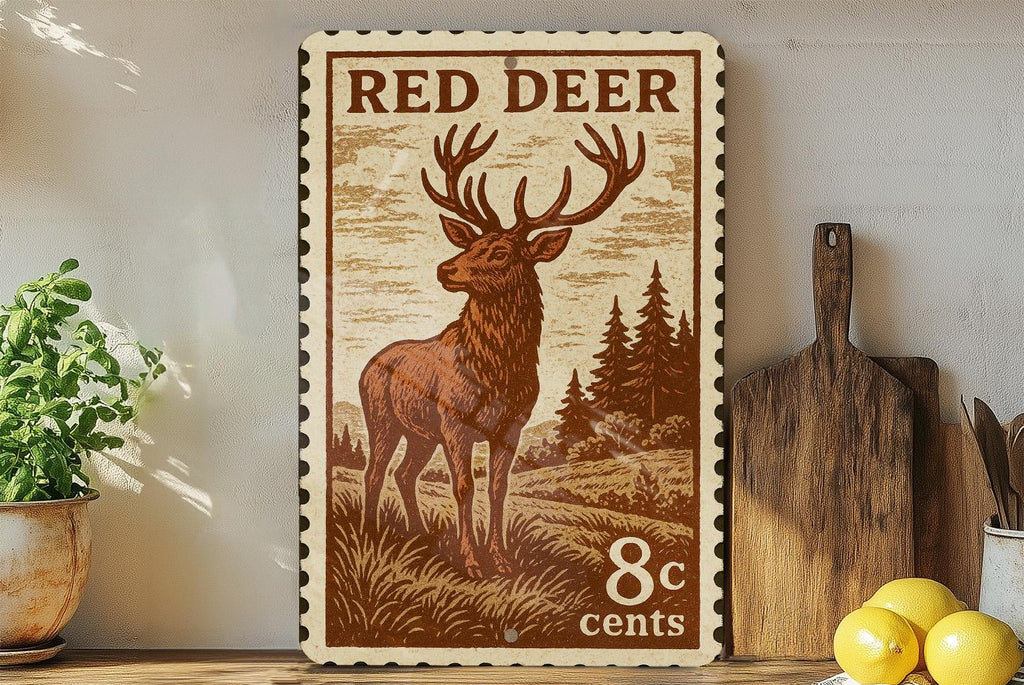 Red Deer Metal Sign | Rustic Wildlife Wall Art | Stamp Style Deer Decor for Cabin, Lodge, or Man Cave — photo 1