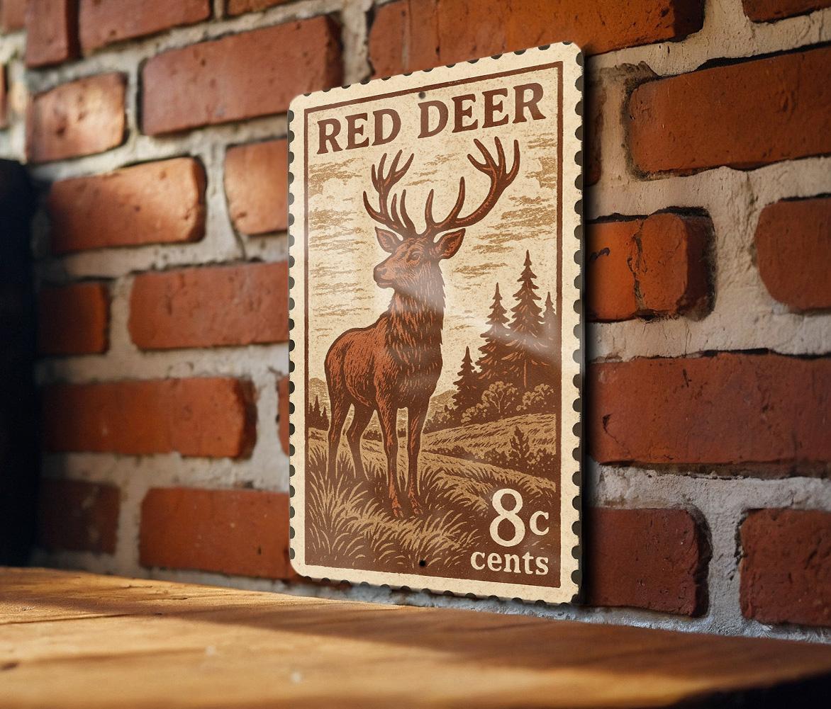Red Deer Metal Sign | Rustic Wildlife Wall Art | Stamp Style Deer Decor for Cabin, Lodge, or Man Cave — photo 2