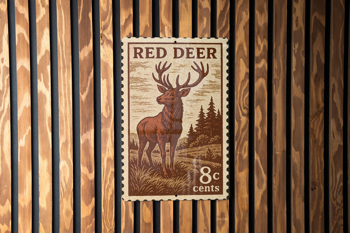 Red Deer Metal Sign | Rustic Wildlife Wall Art | Stamp Style Deer Decor for Cabin, Lodge, or Man Cave — photo 3