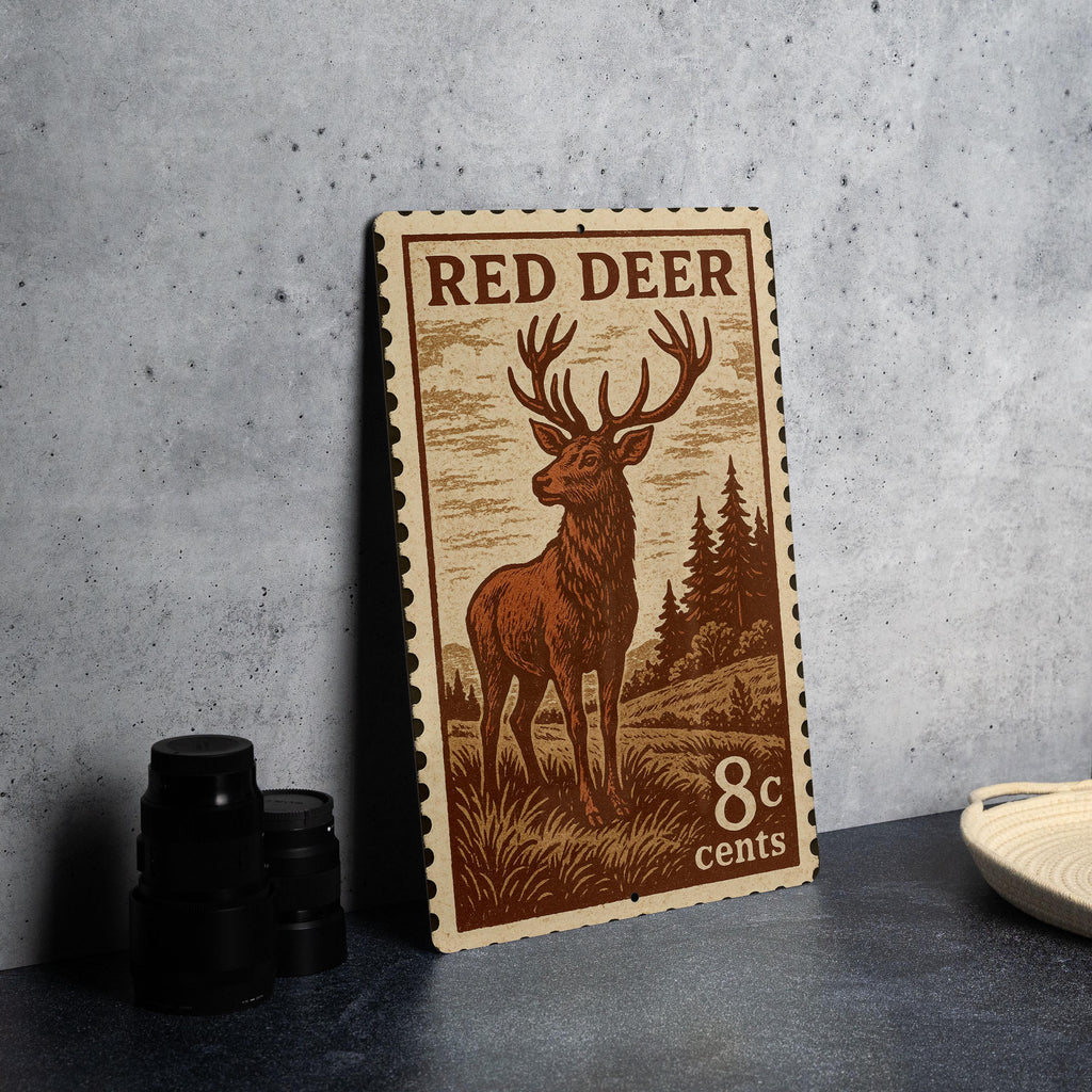 Red Deer Metal Sign | Rustic Wildlife Wall Art | Stamp Style Deer Decor for Cabin, Lodge, or Man Cave — photo 4