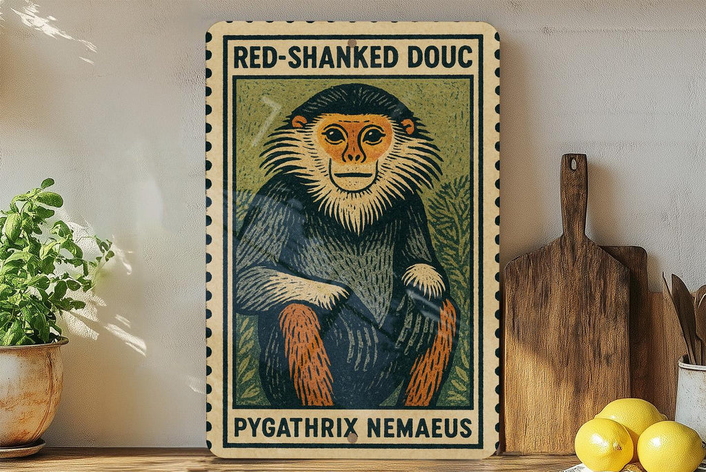 Red-Shanked Douc Metal Sign – Vintage Stamp Style Wall Art, Tropical Primate Decor, Vertical Aluminum Wildlife Print — photo 1
