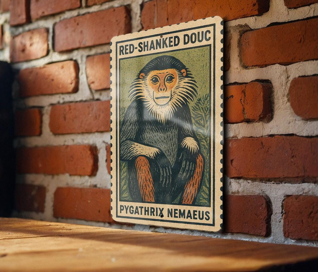 Red-Shanked Douc Metal Sign – Vintage Stamp Style Wall Art, Tropical Primate Decor, Vertical Aluminum Wildlife Print — photo 2