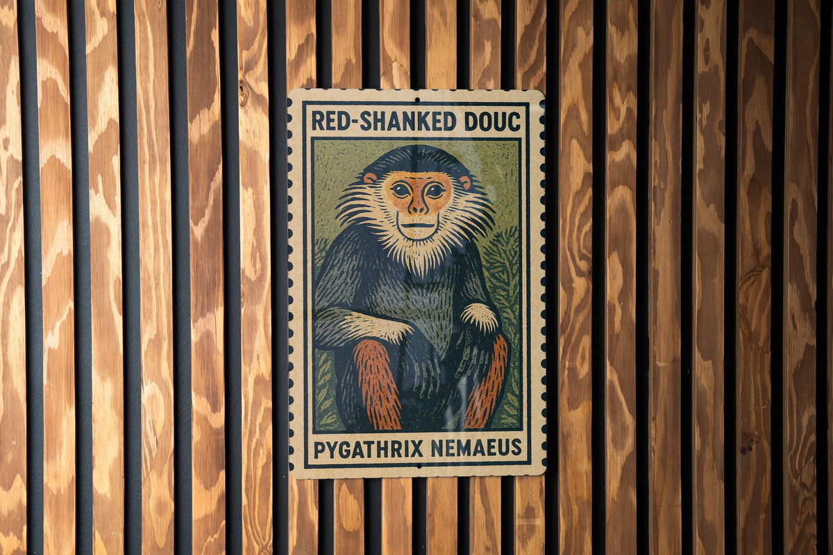 Red-Shanked Douc Metal Sign – Vintage Stamp Style Wall Art, Tropical Primate Decor, Vertical Aluminum Wildlife Print — photo 3