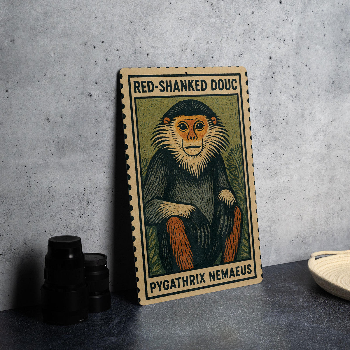 Red-Shanked Douc Metal Sign – Vintage Stamp Style Wall Art, Tropical Primate Decor, Vertical Aluminum Wildlife Print — photo 4