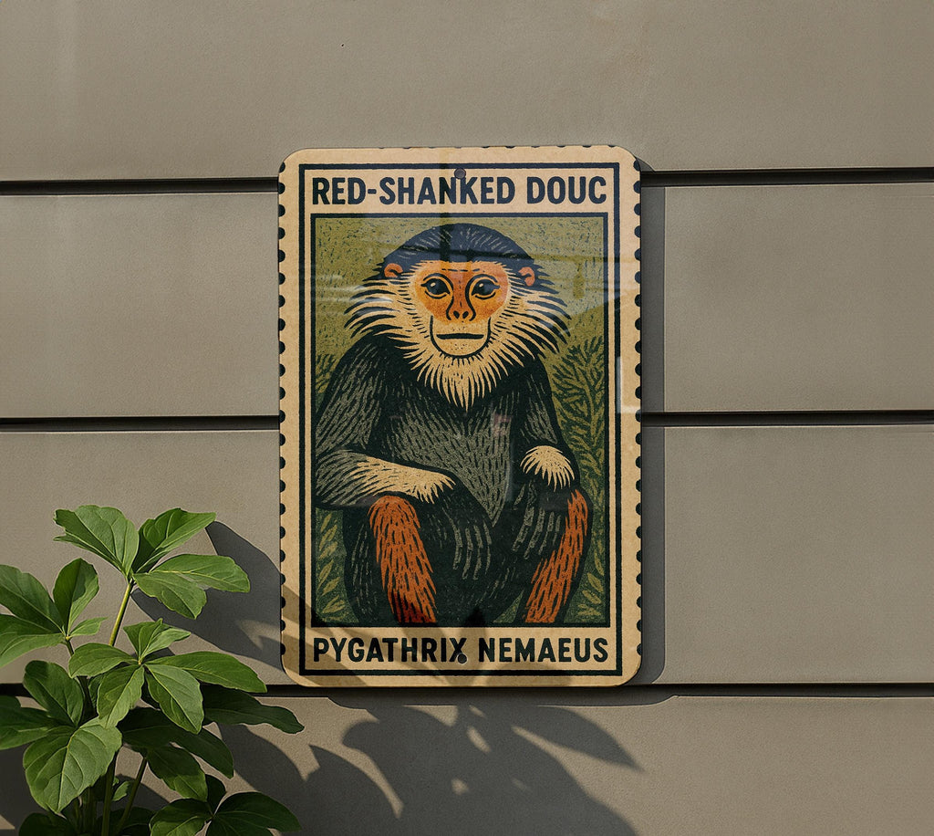 Red-Shanked Douc Metal Sign – Vintage Stamp Style Wall Art, Tropical Primate Decor, Vertical Aluminum Wildlife Print — photo 5