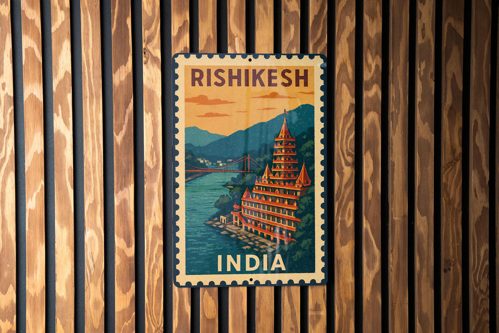 Rishikesh India Stamp Style Art Metal Sign – Vintage Travel Poster Decor, Wall Art for Home or Office — photo 1