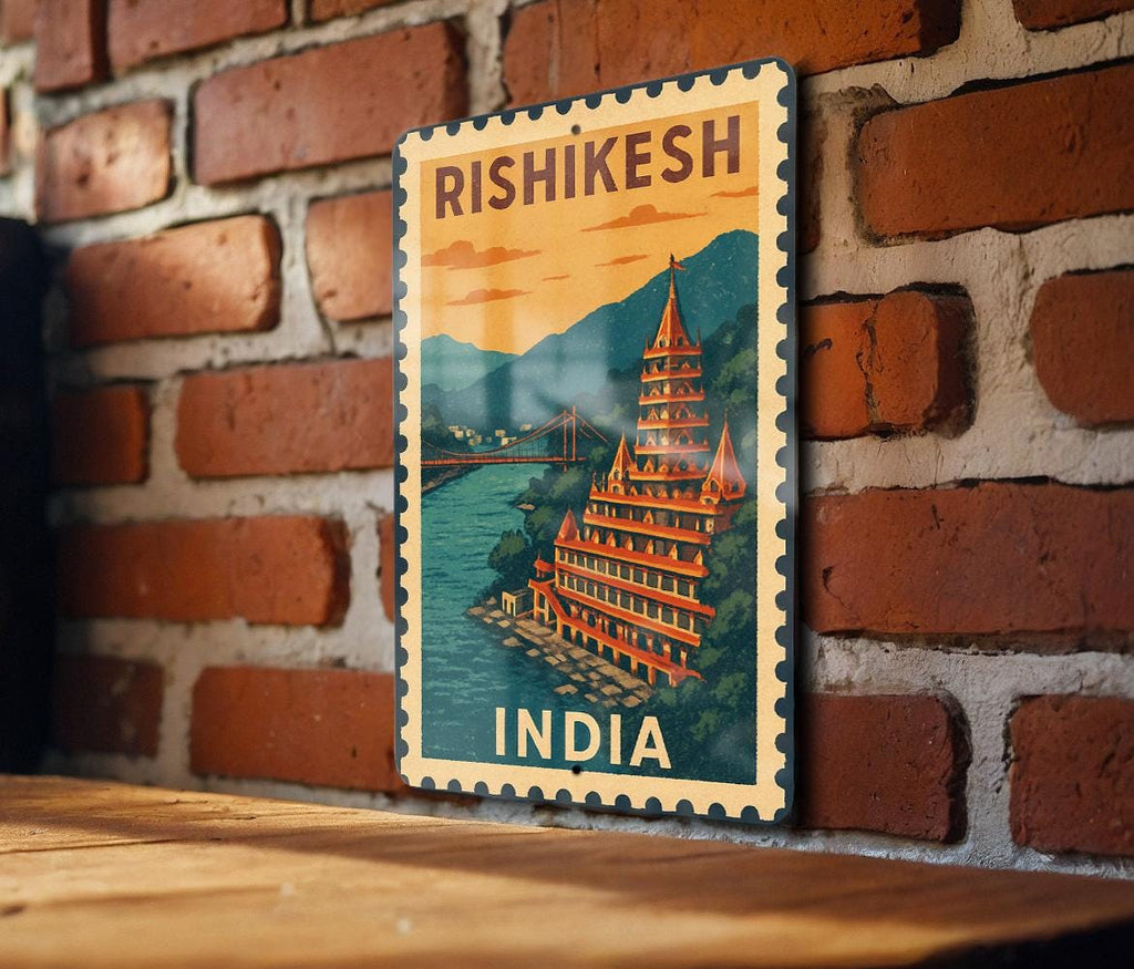 Rishikesh India Stamp Style Art Metal Sign – Vintage Travel Poster Decor, Wall Art for Home or Office — photo 2