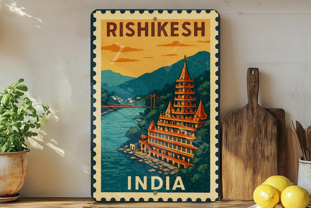Rishikesh India Stamp Style Art Metal Sign – Vintage Travel Poster Decor, Wall Art for Home or Office — photo 3