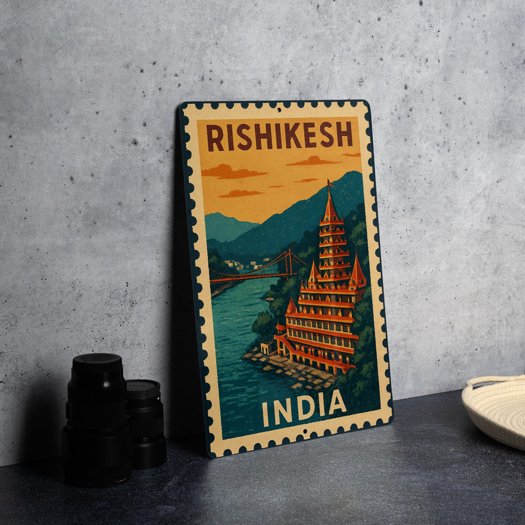 Rishikesh India Stamp Style Art Metal Sign – Vintage Travel Poster Decor, Wall Art for Home or Office — photo 4