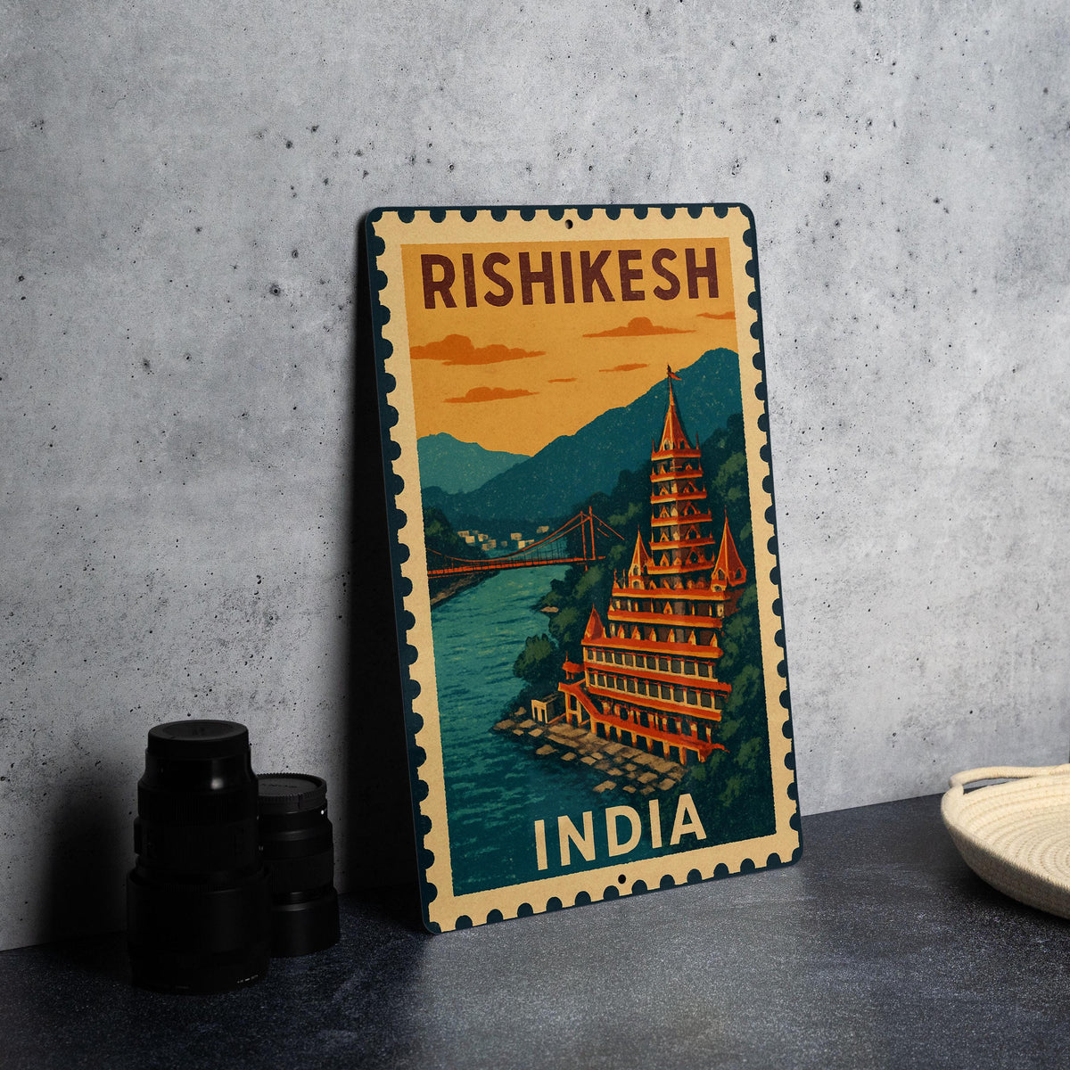 Rishikesh India Stamp Style Art Metal Sign – Vintage Travel Poster Decor, Wall Art for Home or Office — photo 4