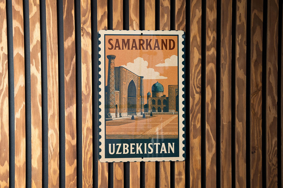 Samarkand Uzbekistan Metal Wall Art – Vintage Stamp Style Travel Sign, Rustic Home Decor Gift — photo 1
