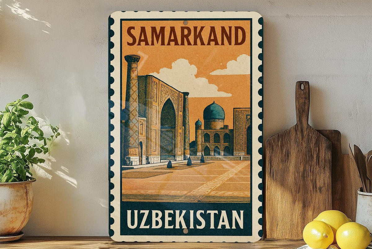 Samarkand Uzbekistan Metal Wall Art – Vintage Stamp Style Travel Sign, Rustic Home Decor Gift — photo 2