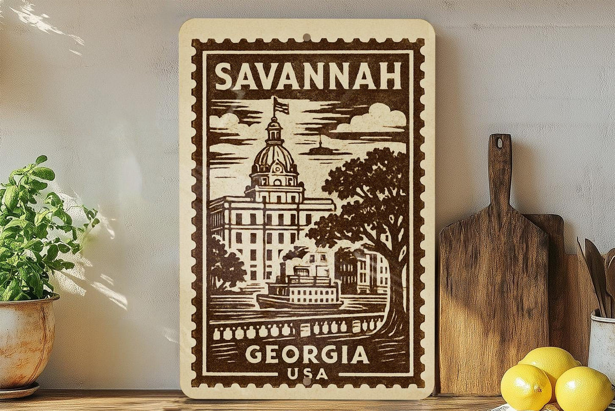 Savannah Georgia Metal Sign – Vintage Stamp Style Wall Art, Rustic Home Decor, Southern USA Travel Souvenir Gift — photo 1